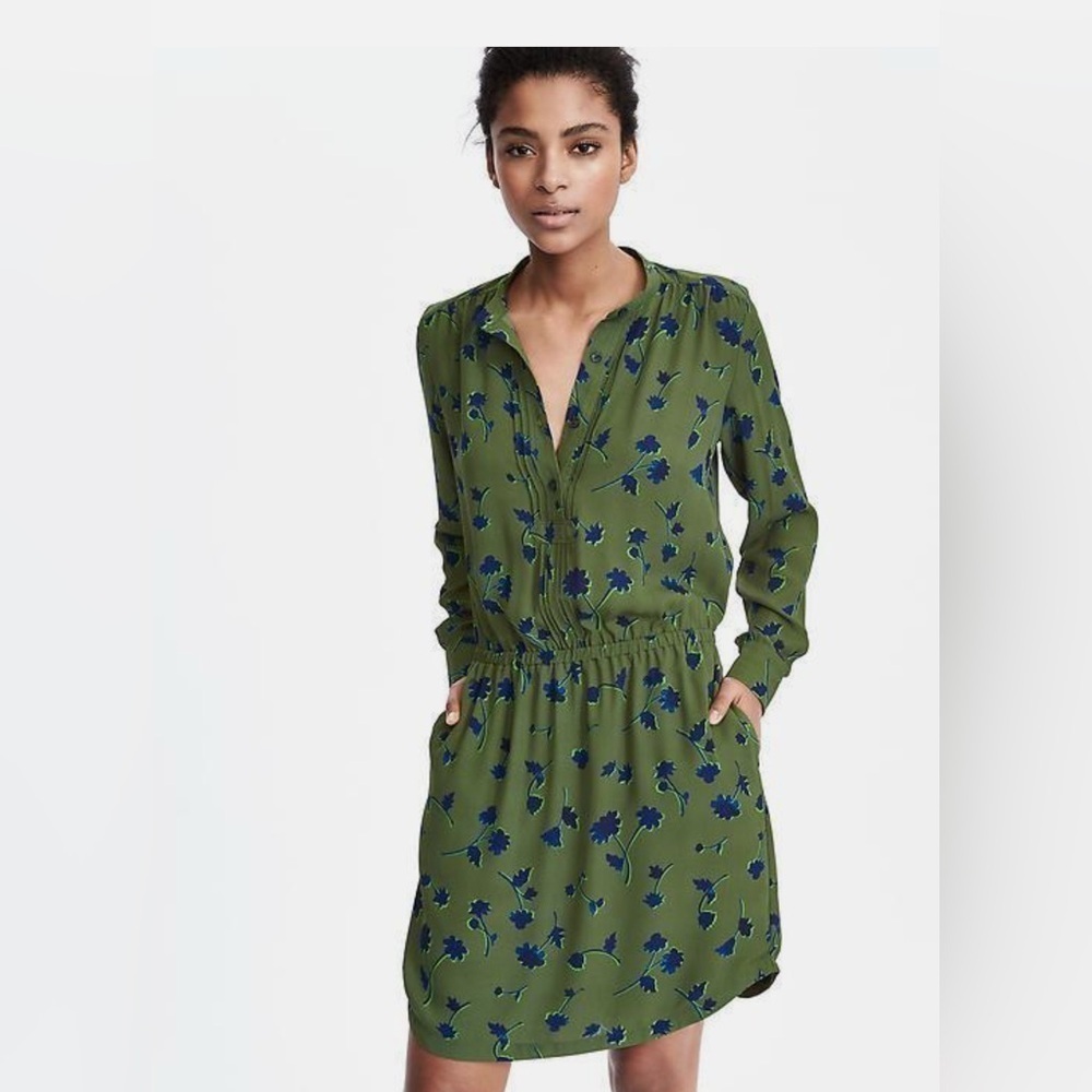 Banana Republic Floral French Shirtdress Lined with Pockets Olive Green Medium